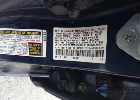 2008 Honda Civic Ex from USA, damaged, VIN 1HGFA16818L104969
